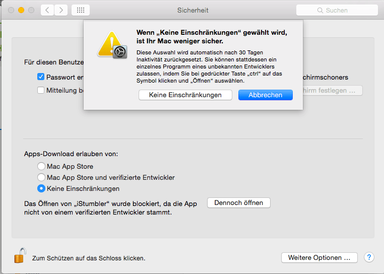 Mac-Sicherheit-Keine Einschränkung